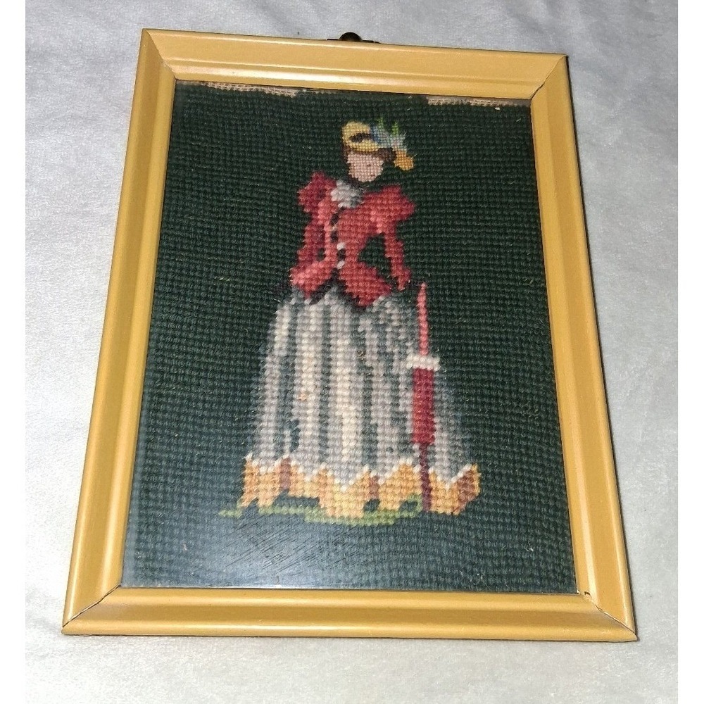 Vintage Handmade Framed Needlepoint Victorian Lady w/ Parasol Wall Art 9" x 7"